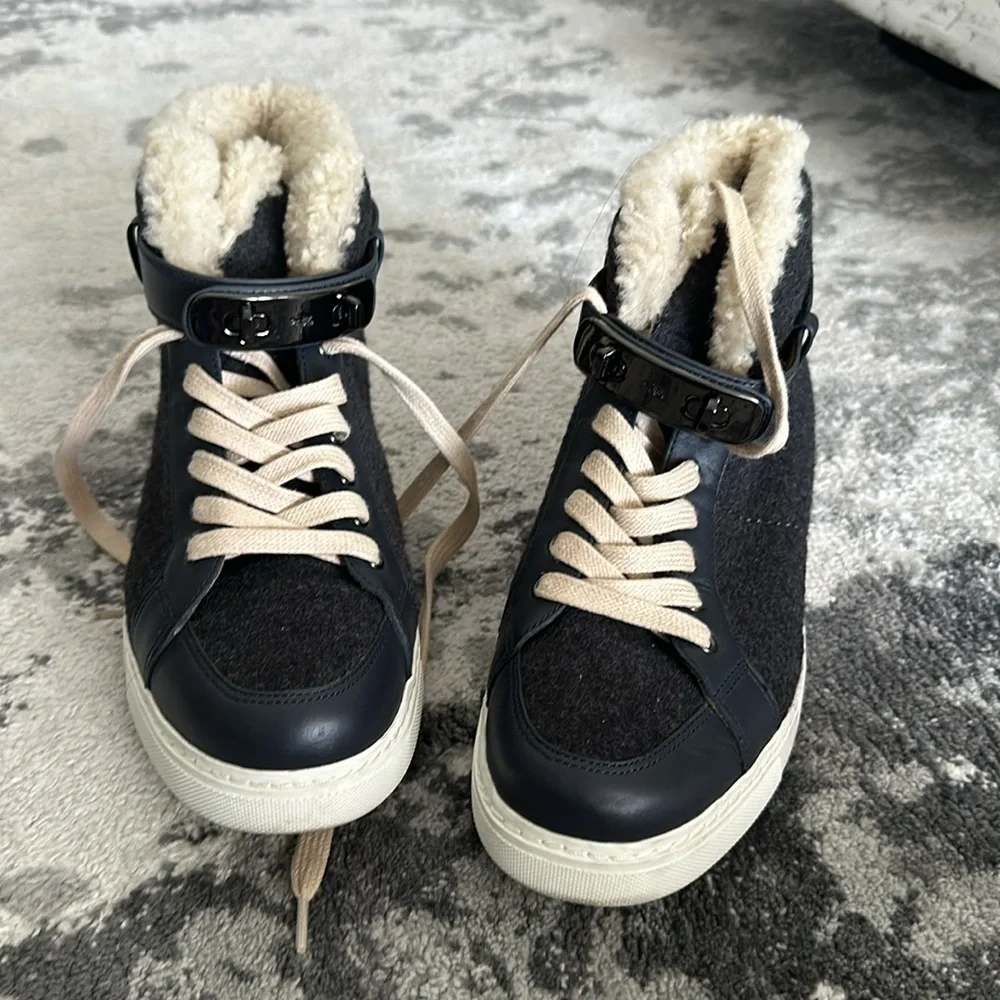 Coach Gray Wool Sherpa lined Richmond high top sneakers